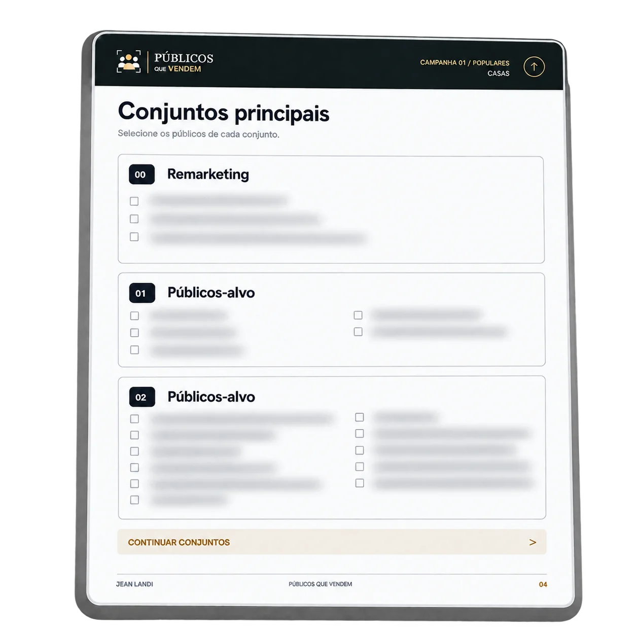 Checklist por conjunto: títulos visíveis e listas específicas protegidas.